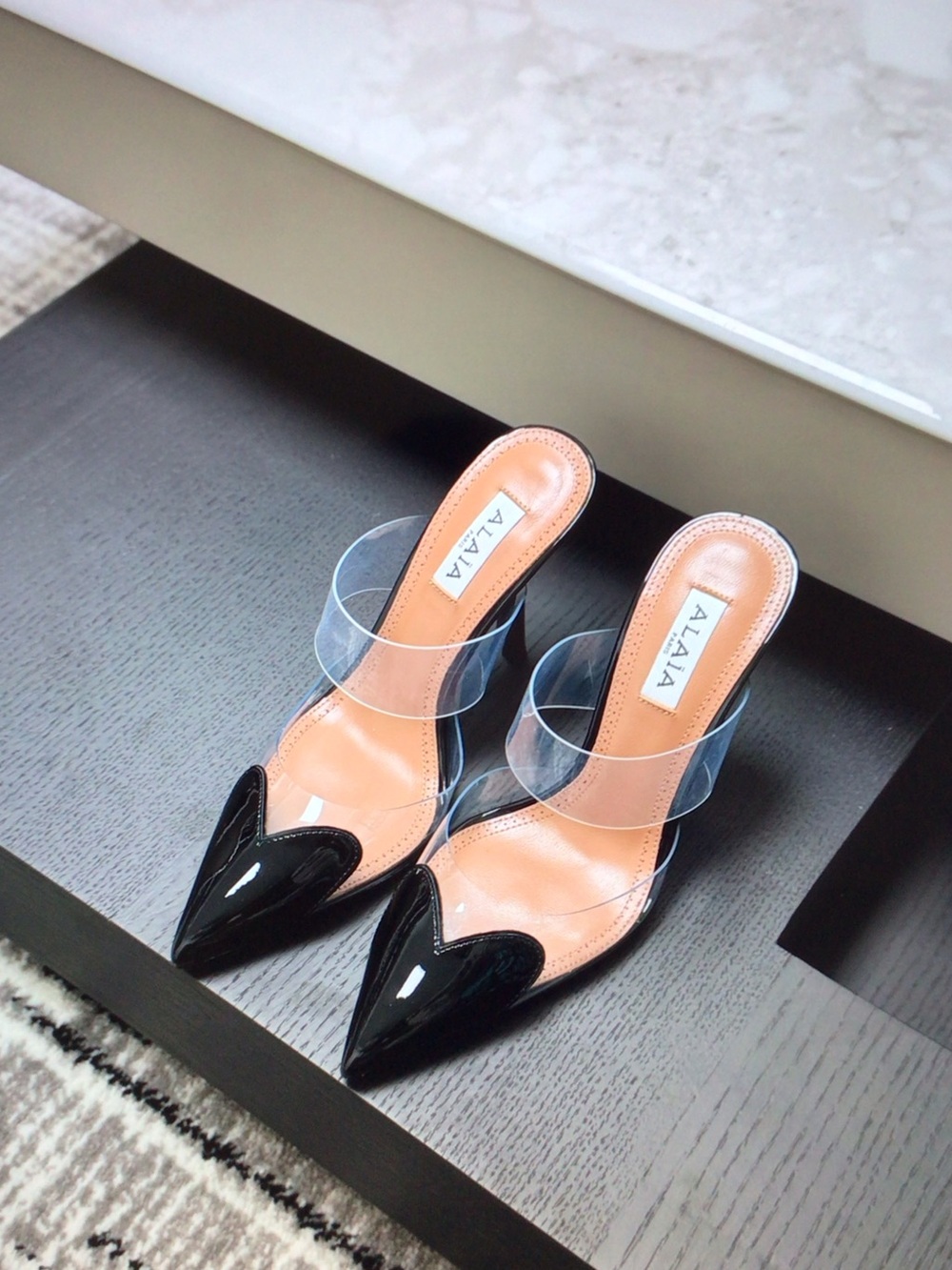 Alaia Black Patent Pointed Mules with Clear Straps